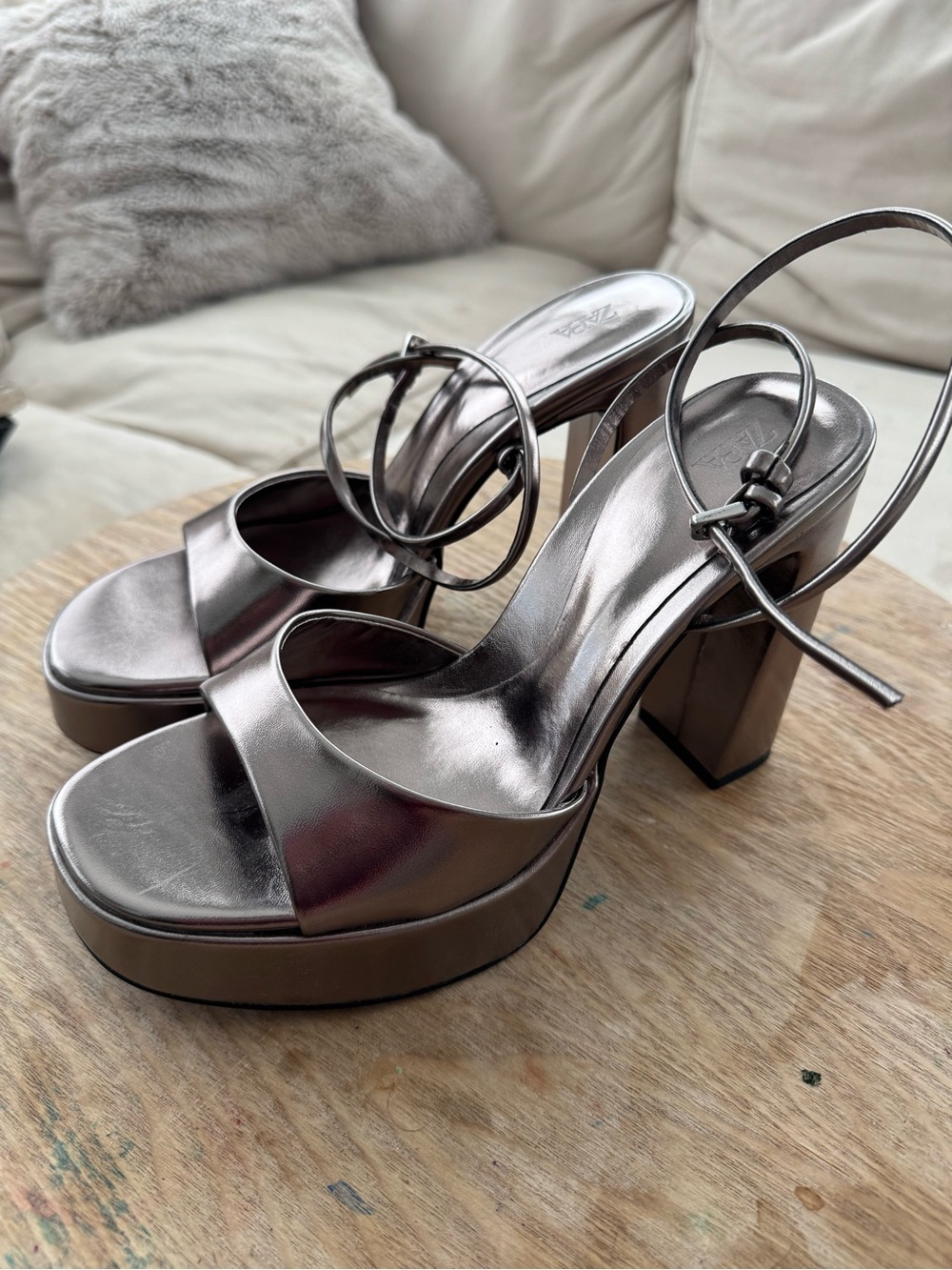 ZARA Metallic Gunmetal Platform Heels EU 39 Strappy Ankle Wrap Sandals Y2K 8.5
